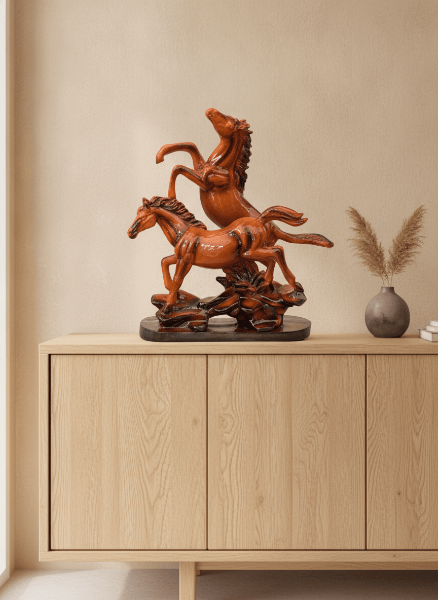 Dynamic Dual Horse Lacquered Sculpture